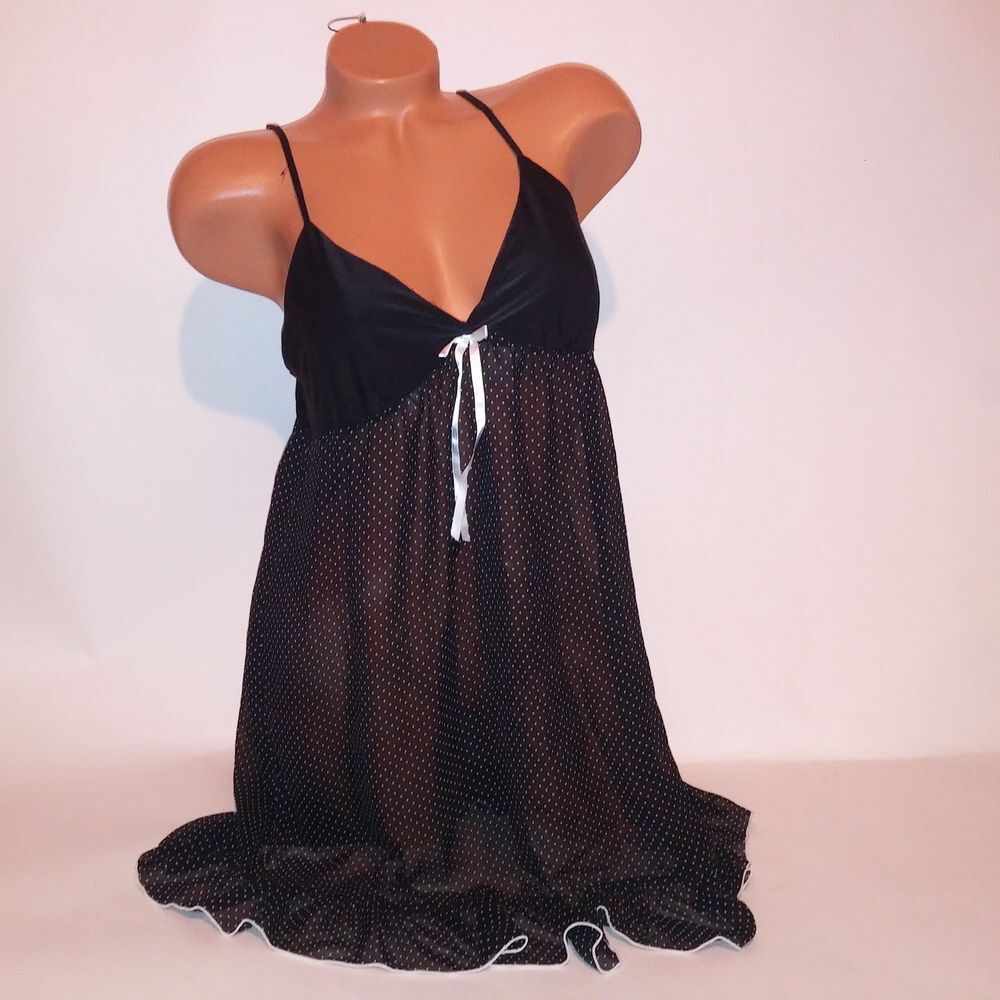 Apt 9 Lingerie Chemise Babydoll Large Black White Polka Dots Sheer Wireless